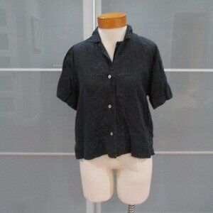 Quince Black Short Sleeve Lagenlook 100% Linen Button Front Shirt